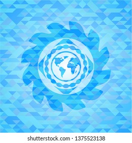 earth icon inside light blue emblem with mosaic ecological style background