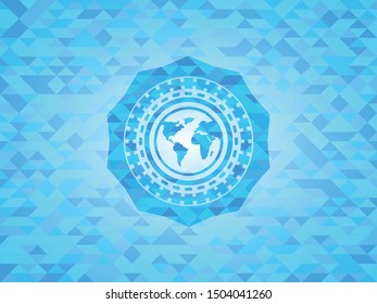 earth icon inside light blue emblem with mosaic background