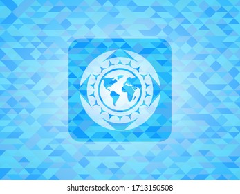 earth icon inside light blue emblem with mosaic background. 