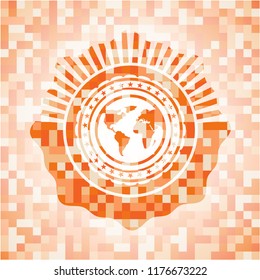 earth icon inside orange mosaic emblem with background