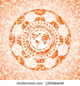 earth icon inside orange mosaic emblem