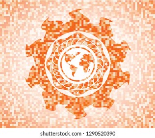 earth icon inside orange mosaic emblem
