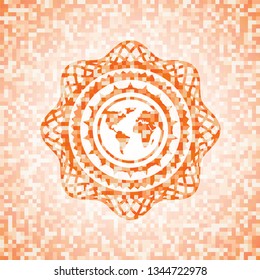 earth icon inside orange mosaic emblem with background