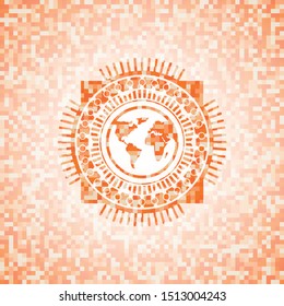 earth icon inside orange mosaic emblem with background