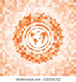 earth icon inside orange tile background illustration. Square geometric mosaic seamless pattern with emblem inside.