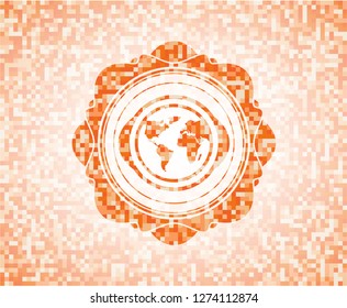 earth icon inside orange tile background illustration. Square geometric mosaic seamless pattern with emblem inside.
