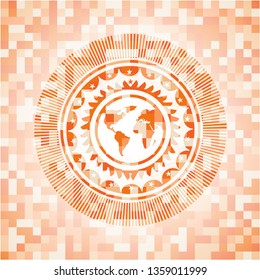 earth icon inside orange tile background illustration. Square geometric mosaic seamless pattern with emblem inside.