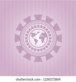 earth icon inside pink emblem. Vintage.