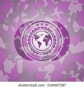 earth icon inside pink and purple camo texture. 