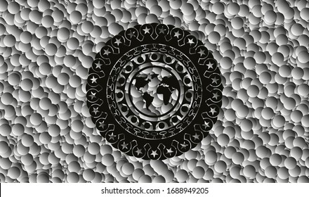 icono de tierra dentro de emblema negro realista con fondo de burbujas grises. Ilustración vectorial. Detallado.