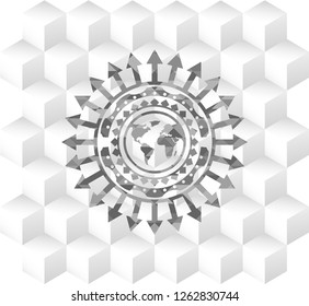 earth icon inside realistic grey emblem with geometric cube white background