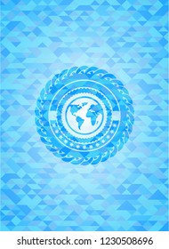 earth icon inside realistic light blue mosaic emblem