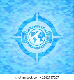 earth icon inside realistic light blue mosaic emblem
