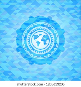 earth icon inside realistic sky blue emblem. Mosaic background
