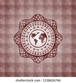 earth icon inside red emblem with geometric pattern. Seamless.