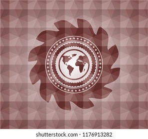 earth icon inside red emblem or badge with geometric pattern background. Seamless.