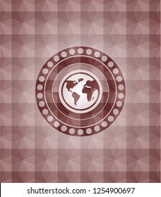 earth icon inside red emblem or badge with abstract geometric pattern background. Seamless.