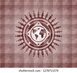 earth icon inside red emblem or badge with abstract geometric pattern background. Seamless.