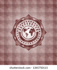 earth icon inside red emblem with geometric pattern. Seamless.