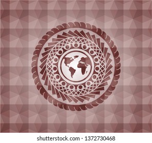 earth icon inside red emblem with geometric background. Seamless.
