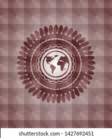 earth icon inside red polygonal badge. Seamless.