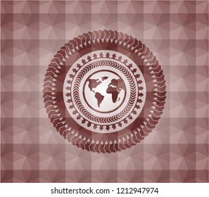 earth icon inside red seamless geometric badge.