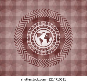 earth icon inside red seamless emblem with geometric pattern background.