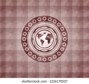 earth icon inside red seamless emblem with geometric pattern background.