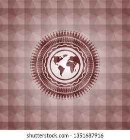 earth icon inside red seamless emblem or badge with geometric pattern background.