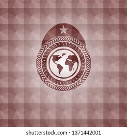 earth icon inside red seamless geometric badge.