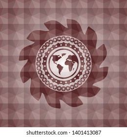 earth icon inside red seamless badge with geometric pattern.