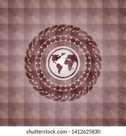 earth icon inside red seamless emblem or badge with geometric pattern background.