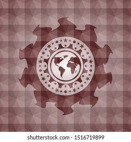 earth icon inside red seamless polygonal badge.