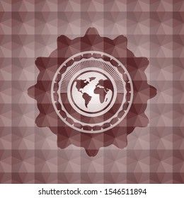 earth icon inside red seamless badge with geometric pattern background.