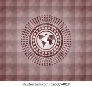 earth icon inside red seamless emblem with geometric pattern.