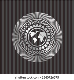 earth icon inside silver badge or emblem