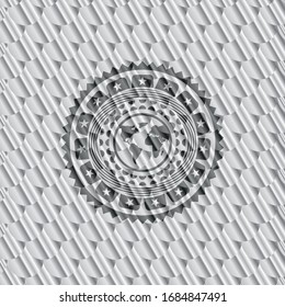 earth icon inside silver emblem or badge. Scales pattern. Vector Illustration. Detailed.