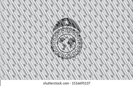 earth icon inside silver shiny emblem. Scales pattern. Vector Illustration. Detailed.