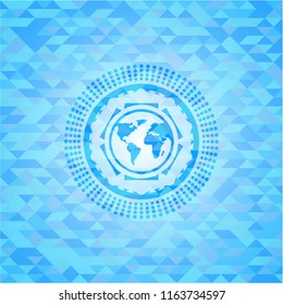 earth icon inside sky blue emblem with triangle mosaic background