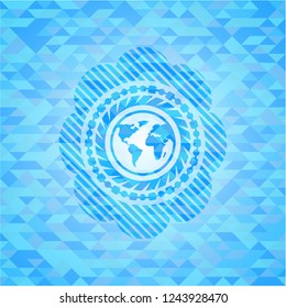 earth icon inside sky blue emblem. Mosaic background