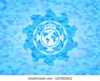 earth icon inside sky blue mosaic emblem