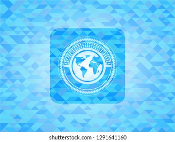 earth icon inside sky blue emblem with mosaic background
