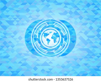 earth icon inside sky blue mosaic emblem