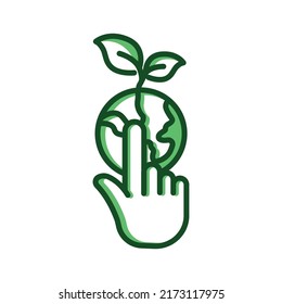 Earth icon with leaf and hand touch. Suitable for ecology icon, touch screen. Two tone icon style. Simple design editable