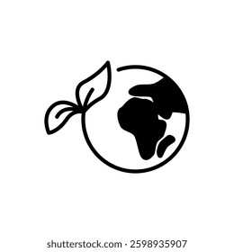 earth icon with leaves, green earth, eco friendly ecology icon, simple flat style, illustration, logo sign symbol pictogram template, for ui or ux isolated on white for mobile app, editable