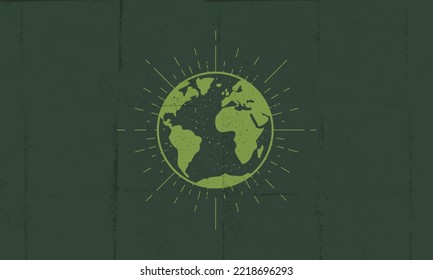 Earth icon. Earth icon with light rays isolated on green background.  Biodegradable, compostable, eco, bio poster design with grunge texture.  Vector illustration