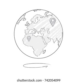 Earth icon light sketch with marks of trip destinations on different continents. Vector illustration with landmarks on world map isolated on white