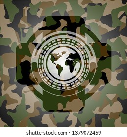 earth icon on camouflage pattern