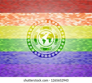 earth icon on mosaic background with the colors of the LGBT flag