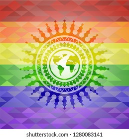 earth icon on mosaic background with the colors of the LGBT flag